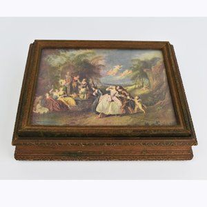 Rare antique wooden box with decorative lid, collectible painting storage box